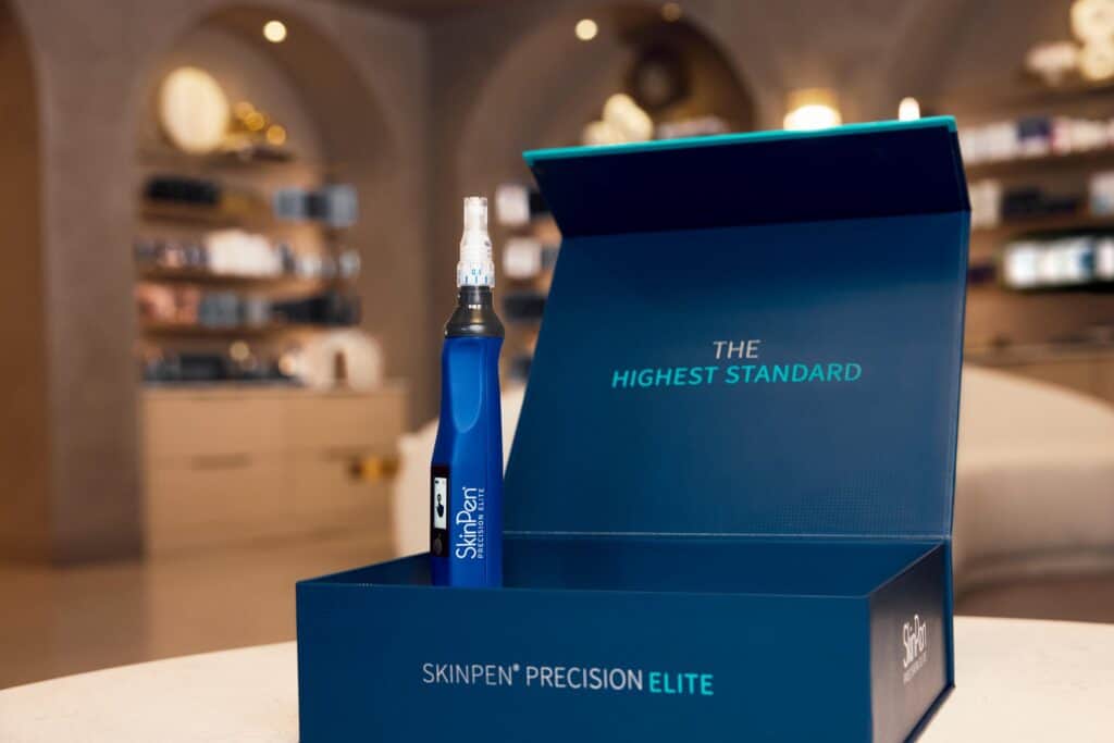 SkinPen Precision Elite micro needling pen in blue box at clinic.